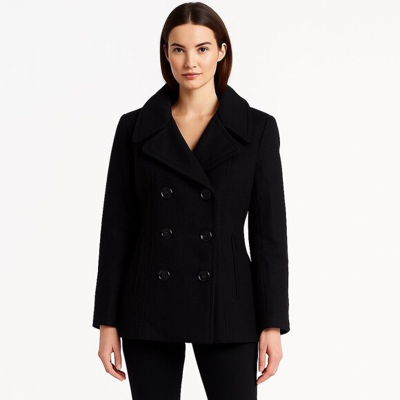 Calvin Klein Pea Coat Women 12 Black Wool Blend Button Front Classic Outerwear - Picture 1 of 15